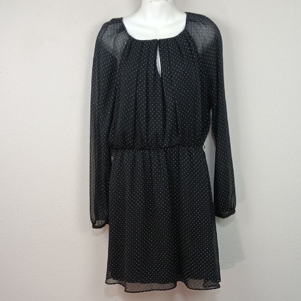 Mango Women Black / White Polka Dot Sheer Long Sleeve Dress sz L Whimsigoth